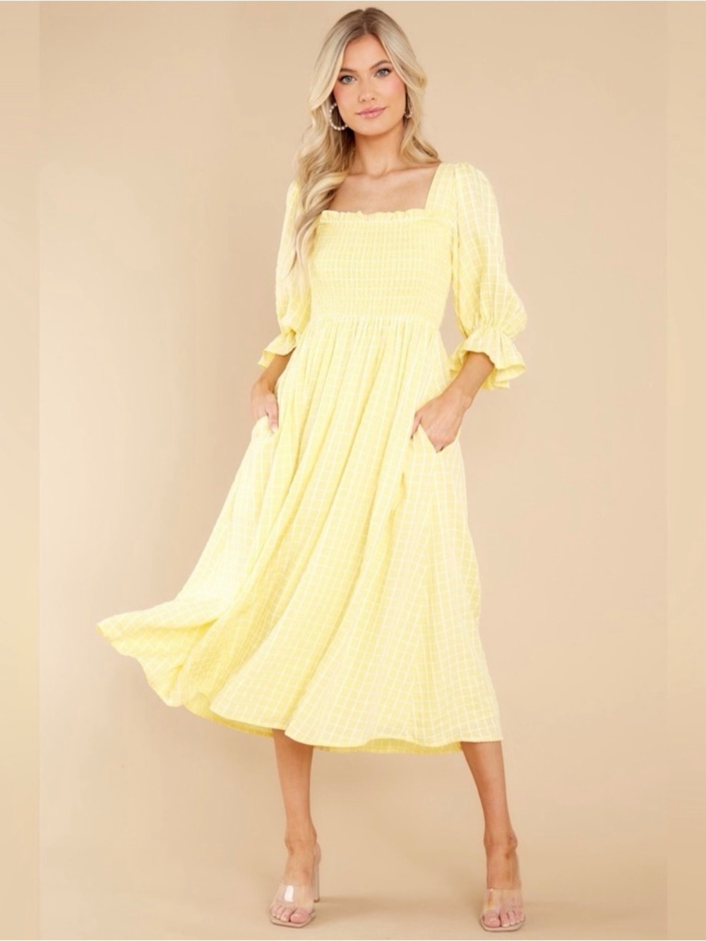Like NEW Yellow and White Puff Sleeve Smocked Midi Dress